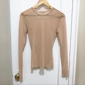 Nude Tan Full Mesh See Thru Long Sleeve Shirt